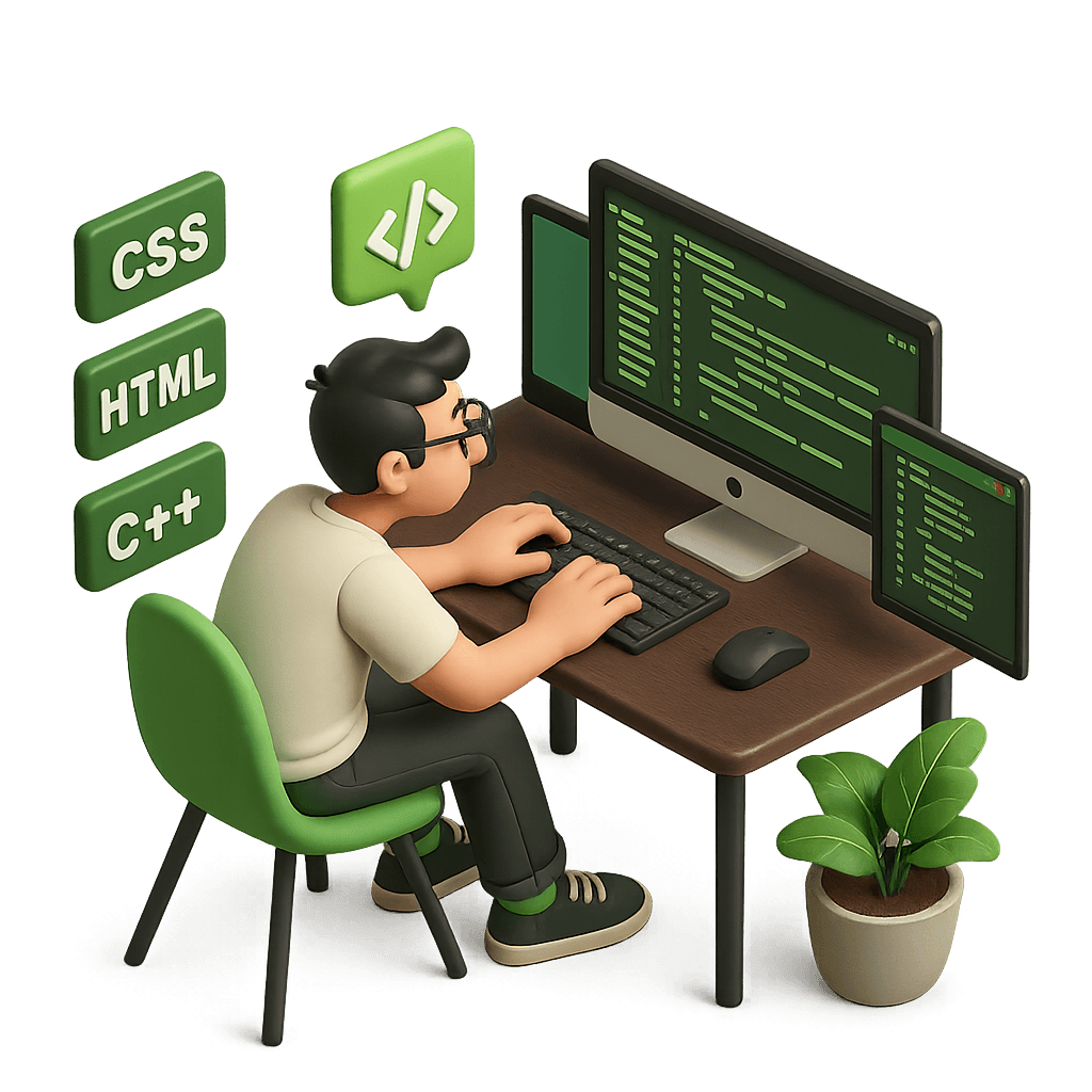 Illustration of a developer coding at a desk with multiple monitors